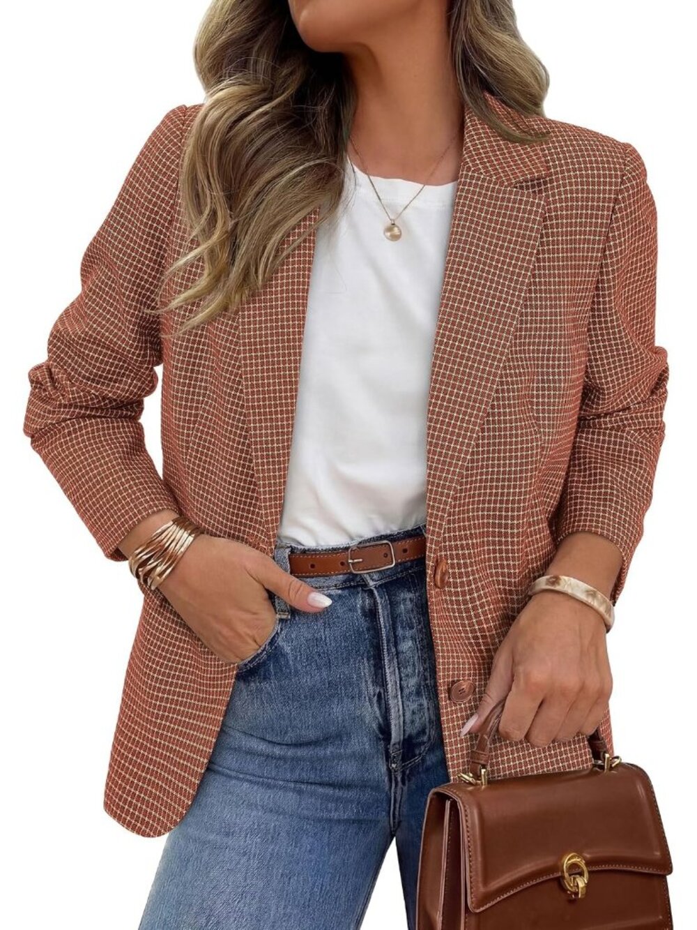 Womens Plaid Caramel Long Sleeve Notch Lapel Pocket Oversized Blazer Suit Jacket